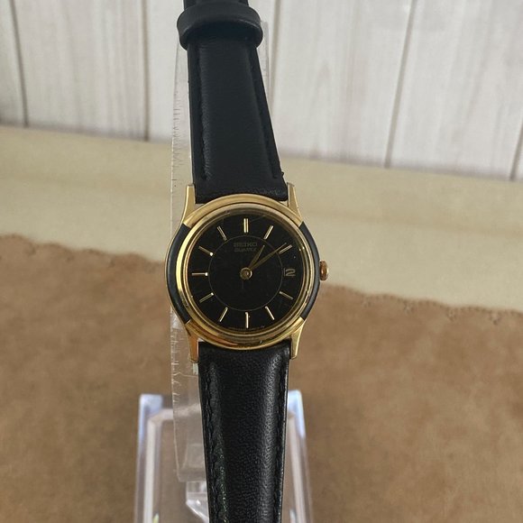 Gold and Black Enamel Bezel Seiko Watch New Black Leather Strap main image 7